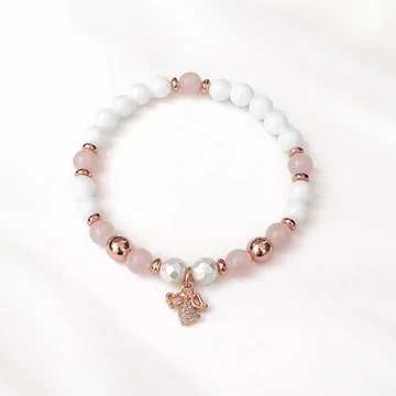 Angyalkás ásvány karkötő – rózsakvarc, tejkvarc rosegold részletekkel