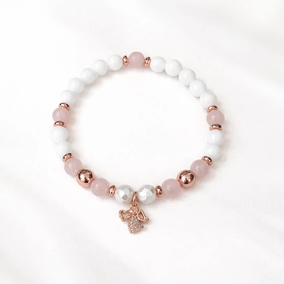 Angyalkás ásvány karkötő – rózsakvarc, tejkvarc rosegold részletekkel