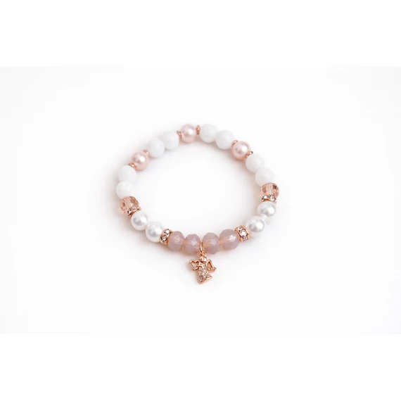 Rosegold angyalkás ásvány karkötő – elegáns női ékszer tejkvarccal